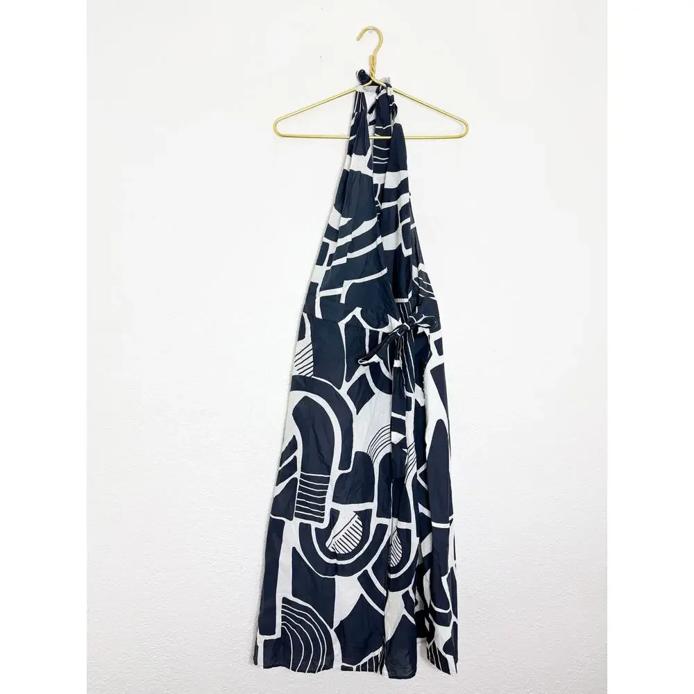 Zara The Nicole Printed Halter Wrap Navy/White Midi Dress Size Large Open Back - Picture 3 of 12